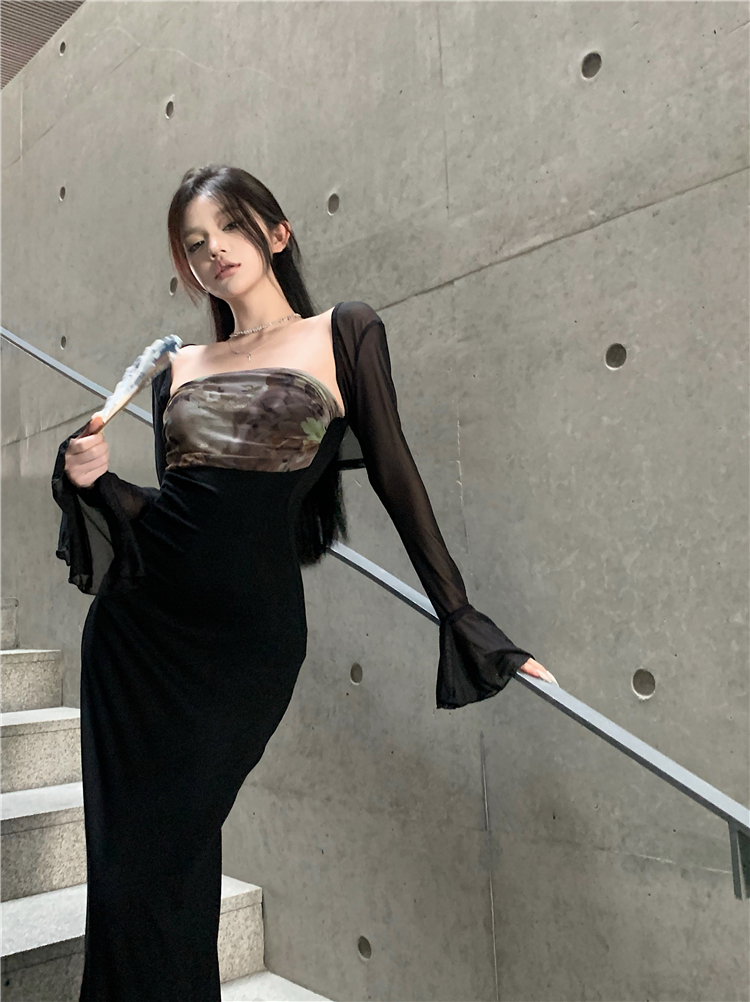 Real shot!  New Chinese-style printed tube top dress, slim hip-covering skirt and blouse two-piece set