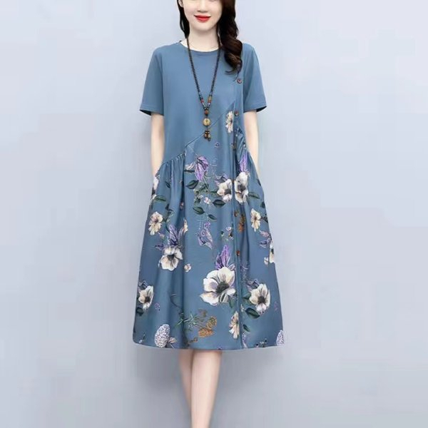 連衣裙女夏2024新款復古印花胖mm遮肉顯瘦寬鬆休閒a字裙