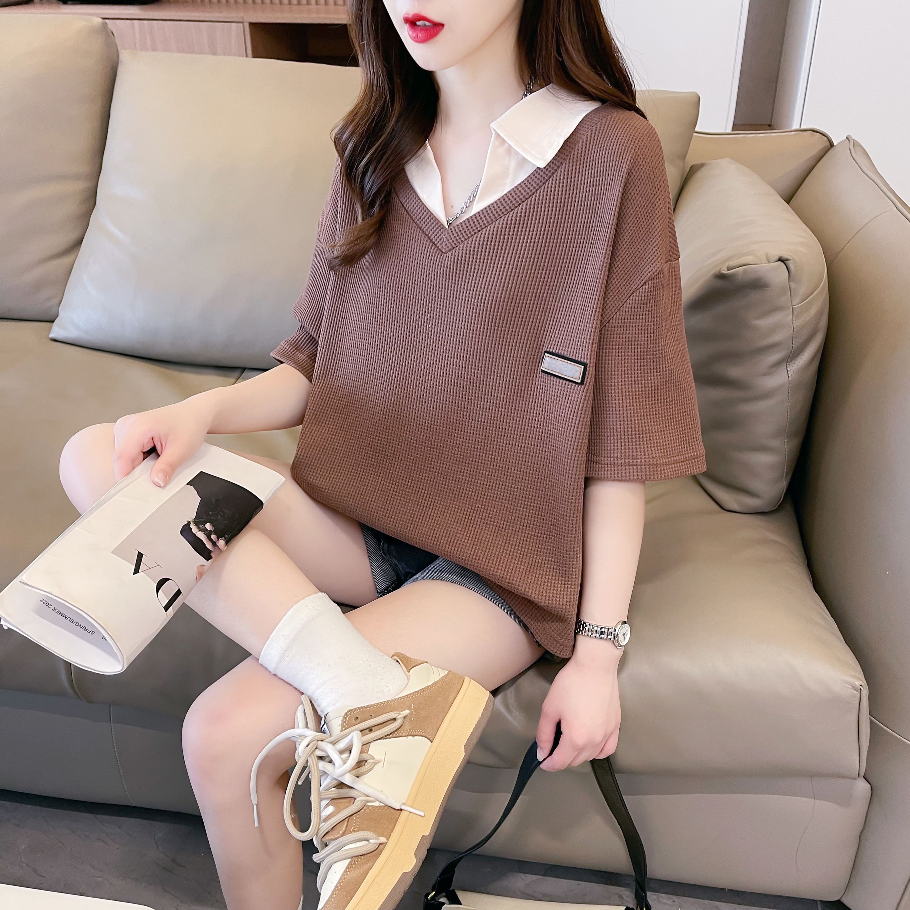 Actual shot of summer Korean style loose back collar waffle POLO collar cartoon print large size short-sleeved T-shirt for women