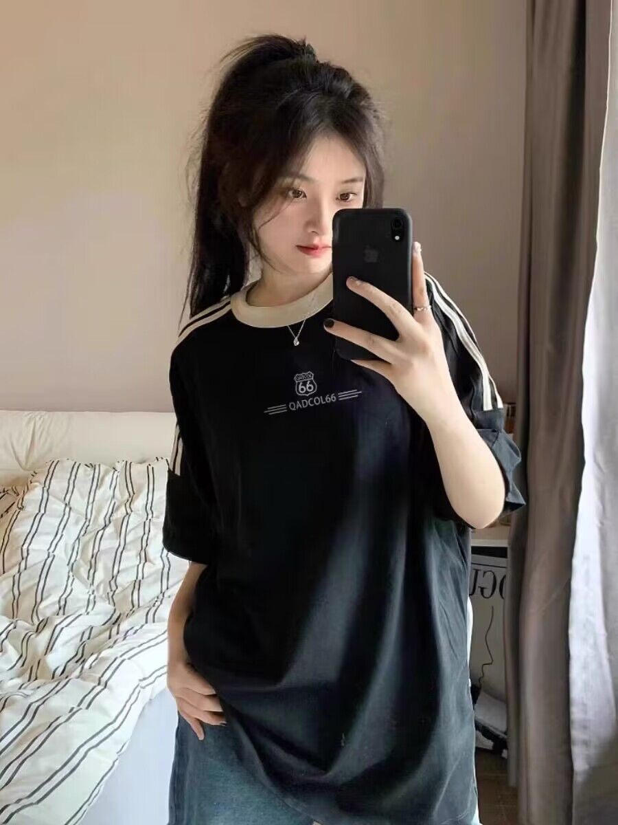 純棉200克21支精梳精密直播品質前 印花三條槓落肩短袖t恤女