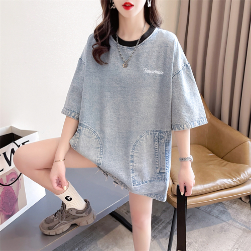 Real shot 2024 summer Korean style round neck pure cotton denim pocket simple large size short-sleeved T-shirt for women