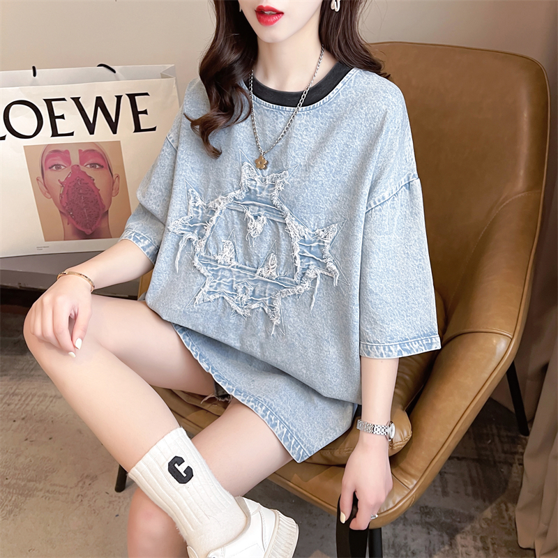 Real shot 2024 summer Korean style round neck pure cotton denim patch embroidery simple large size short-sleeved T-shirt for women