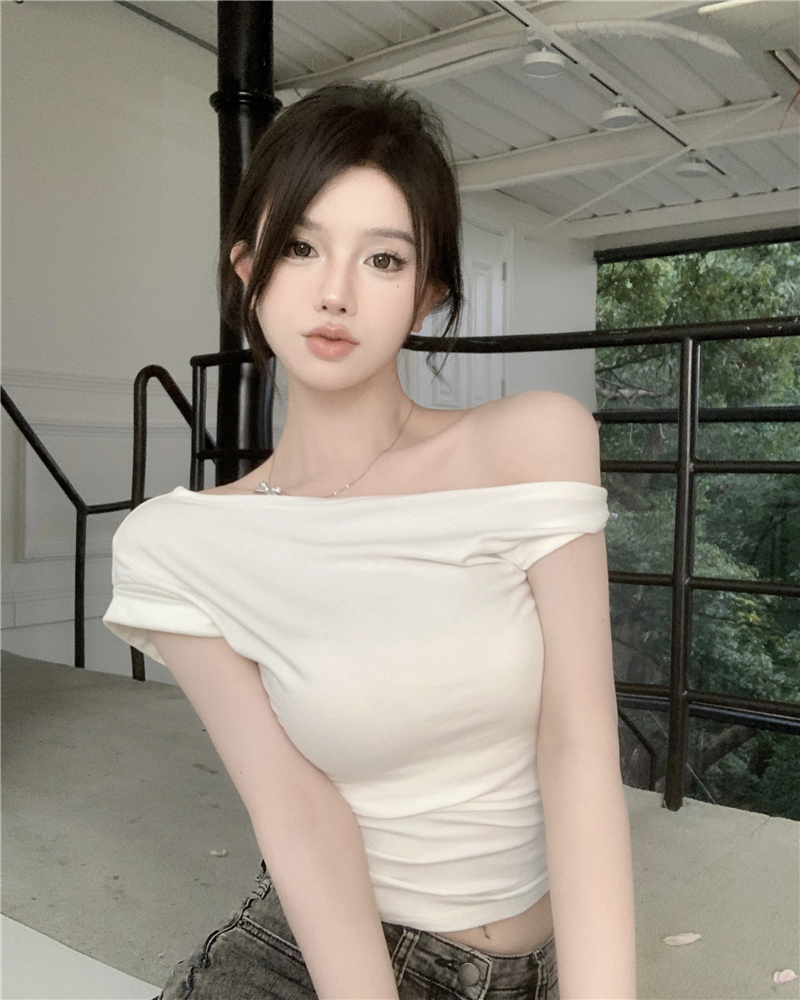 實拍 小心機設計感純欲性感露肩不規則短款T恤上衣