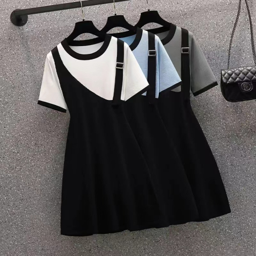 2024 Summer Dress New Niche Design Stitching Contrast Color Fake Two-piece Flesh-covering and Slimming Skirt