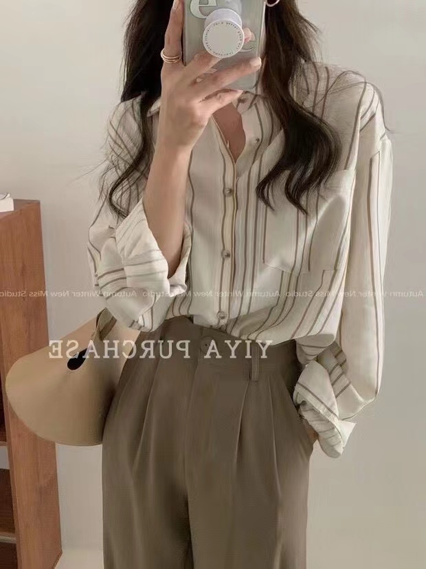 韓國東大門春季新款 小眾氣質豎條紋寬鬆長袖襯衫上衣女
