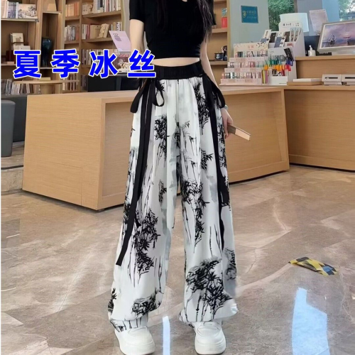 New national style series summer ice silk chiffon wide-leg pants for women, thin casual streamers, drapey straight-leg floor mopping pants