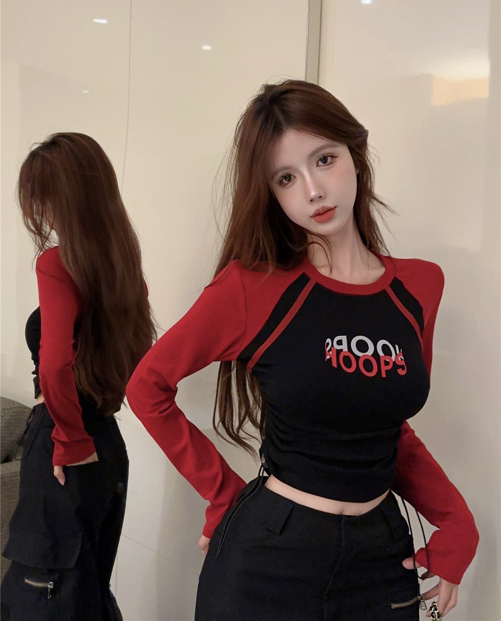 實拍——美式復古修身彈力撞色百搭抽繩緊身長袖打底衫T恤女
