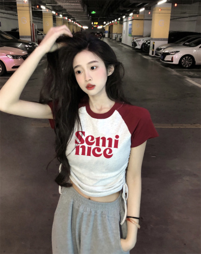 Actual shot of summer Korean style simple style design printing fashion versatile stitching drawstring short-sleeved women's T-shirt top