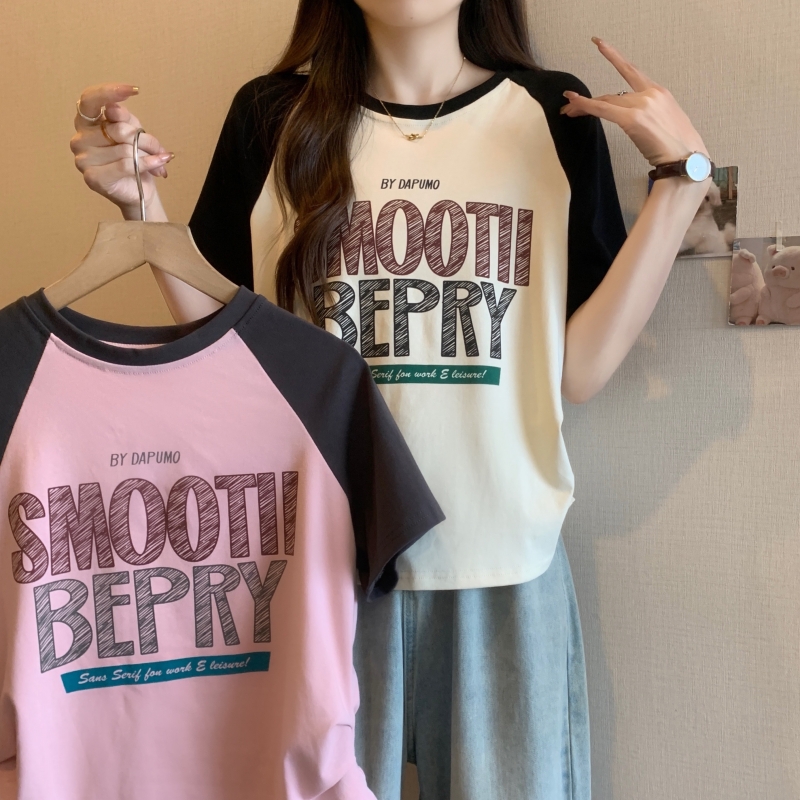 美式復古街頭字母印花插肩袖t恤女夏季設計感小個子慵懶風上衣ins