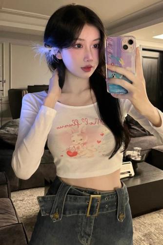 Real shot of early spring sweet hottie pure lust style long-sleeved rabbit print T-shirt women's short slim top