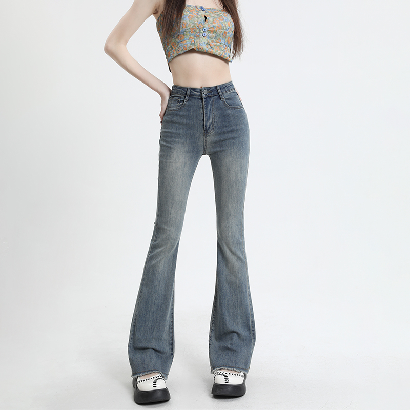 Actual shot of retro high-waisted elastic slim-fitting raw edge floor-length flared jeans for women & longer trousers