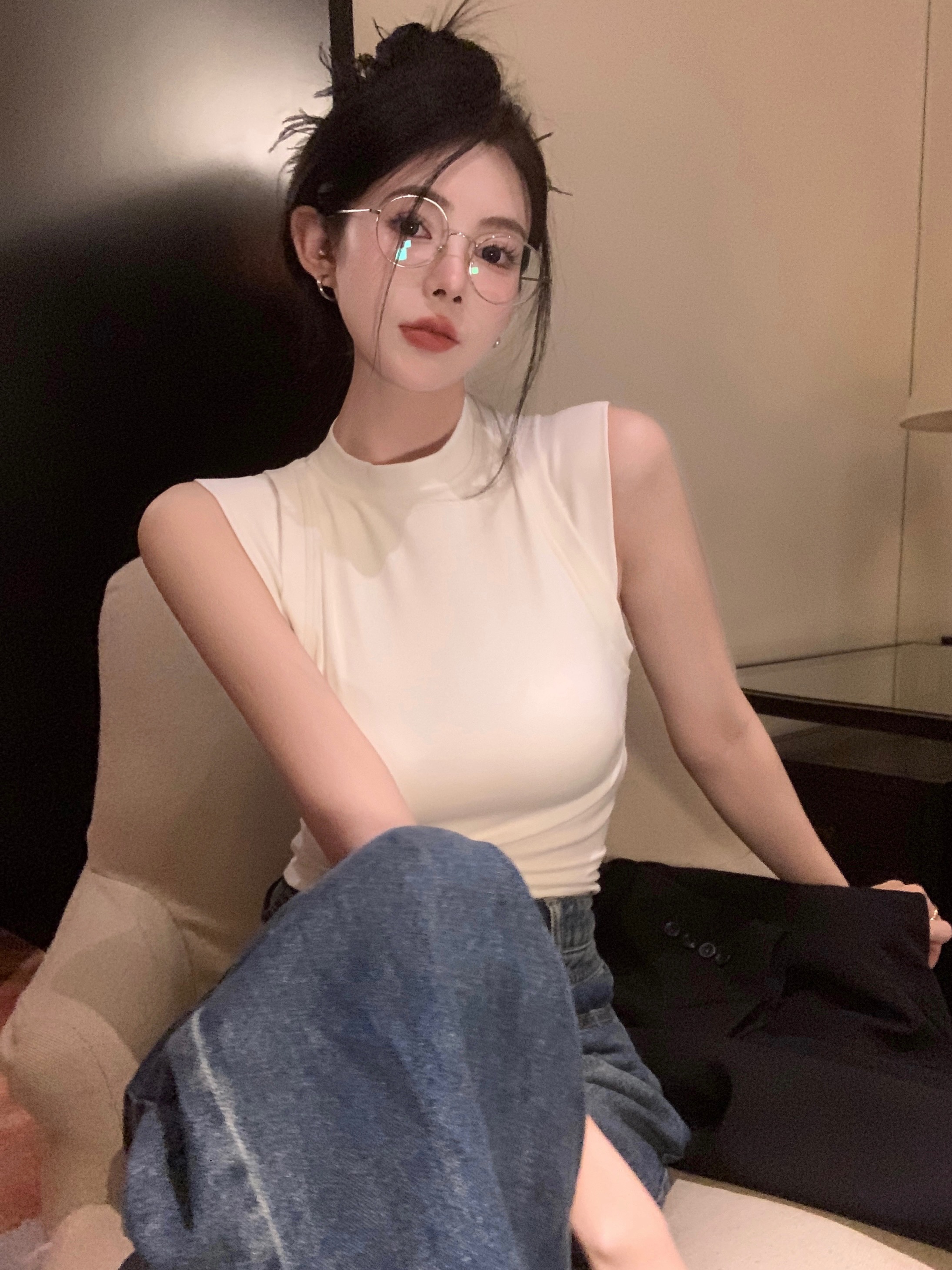甜辣妹半高領吊帶背心女夏季純欲收副乳簡約性感工字內搭上衣外穿