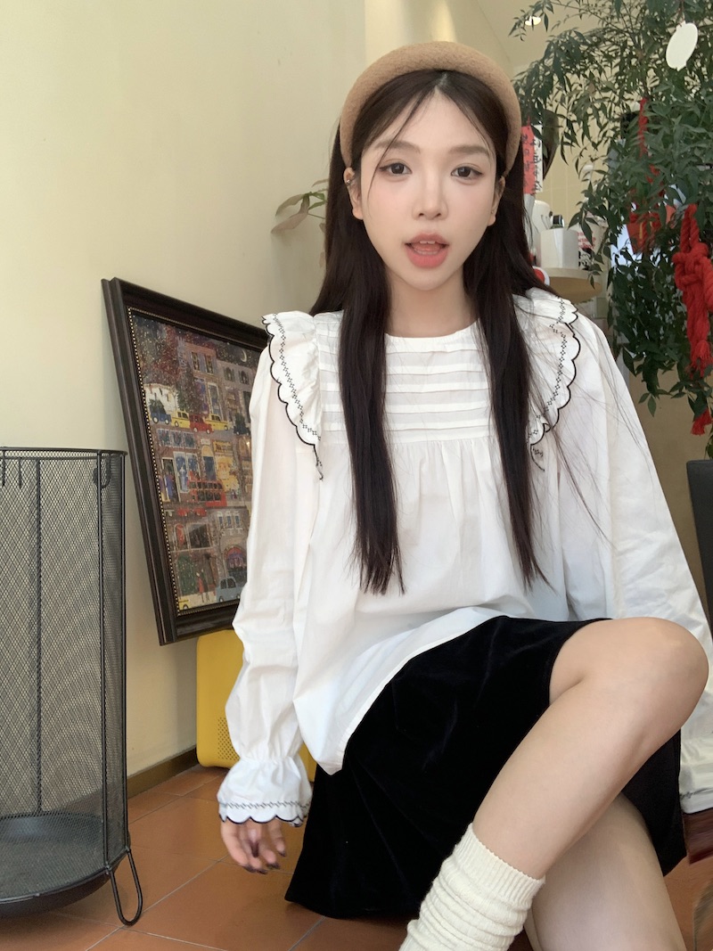 實拍~甜美長袖白色襯衫女法式刺繡寬鬆顯瘦簡約上衣