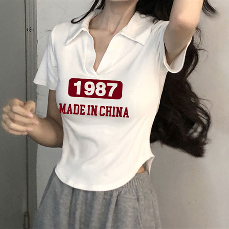 純棉白色polo領正肩短袖t恤女夏季純欲風辣妹修身短款bm半袖上衣