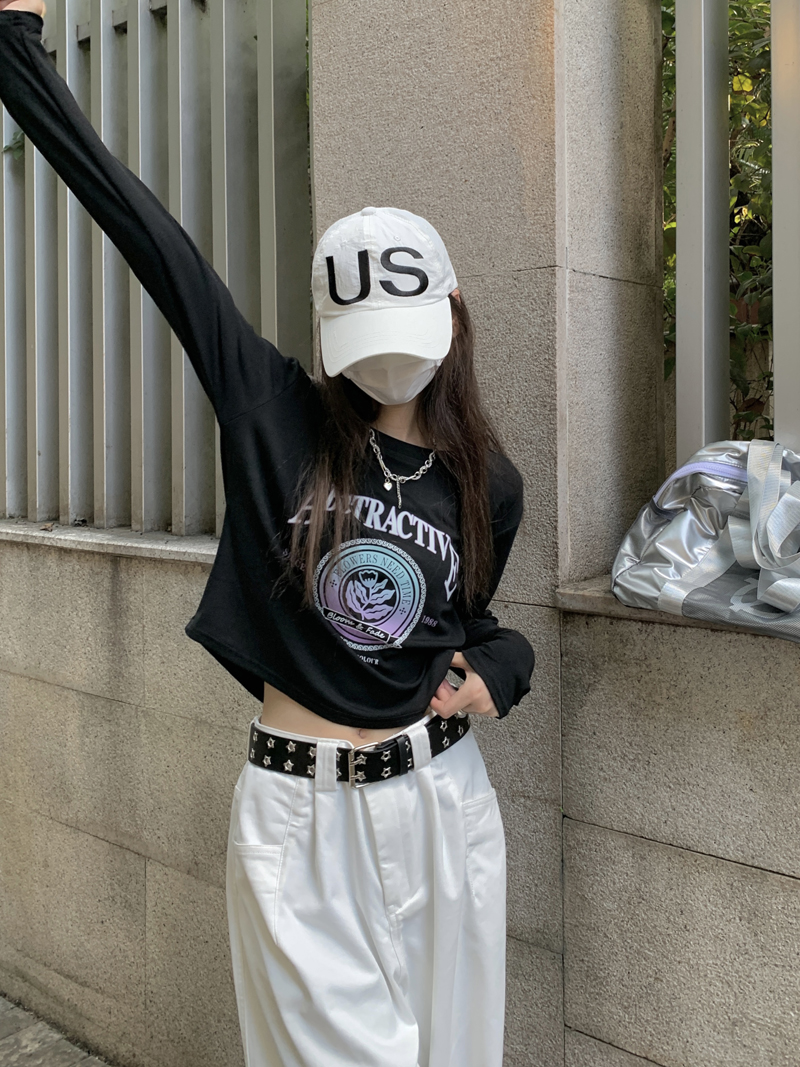 Real shot ~ American letter printed short round neck slim and fashionable long-sleeved T-shirt bottoming shirt for women