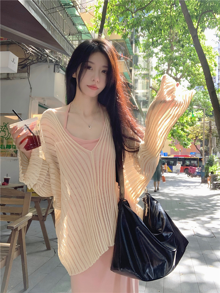 Real shot~Ultra-thin knitted sun protection shirt, loose pullover design, long-sleeved, lazy outer wear blouse top