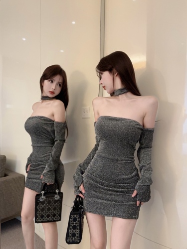 Real shot of sexy one-line collar splicing dress for women solid color bright silk hot girl high waist slim one step skirt