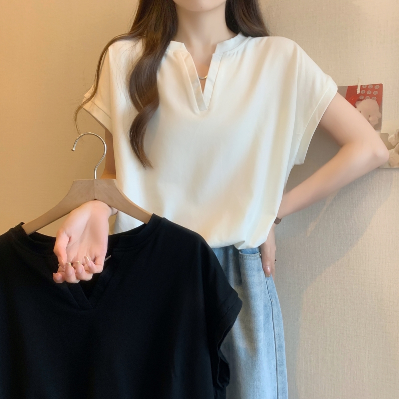 Real shot 40 count pure cotton 2024 summer mesh mesh V-neck chain shoulder pad short-sleeved T-shirt women's flying sleeve loose top