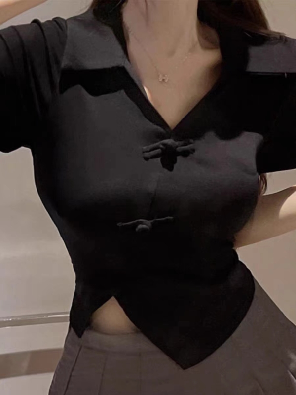 大碼女裝胖妹妹純欲辣妹設計感不規則上衣女夏裝短袖v領開叉t恤