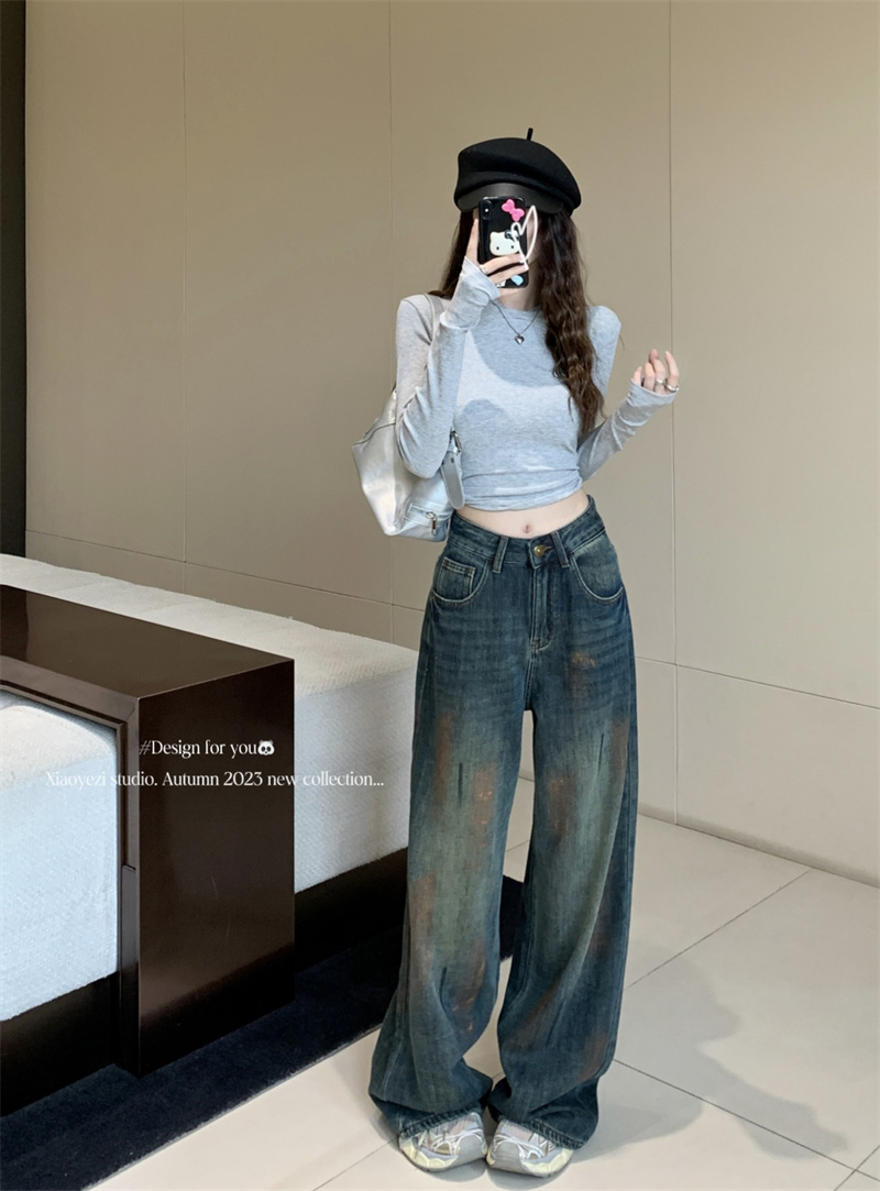 實拍 春季新款高腰寬鬆闊腿辣妹直筒長牛仔褲女