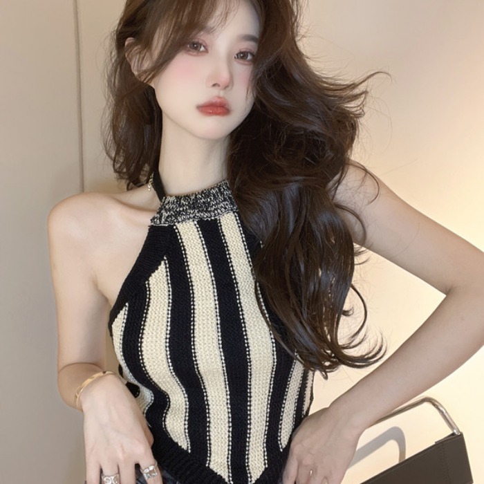 法式純欲掛脖針織吊帶背心女內搭夏季短款設計感小眾辣妹性感上衣