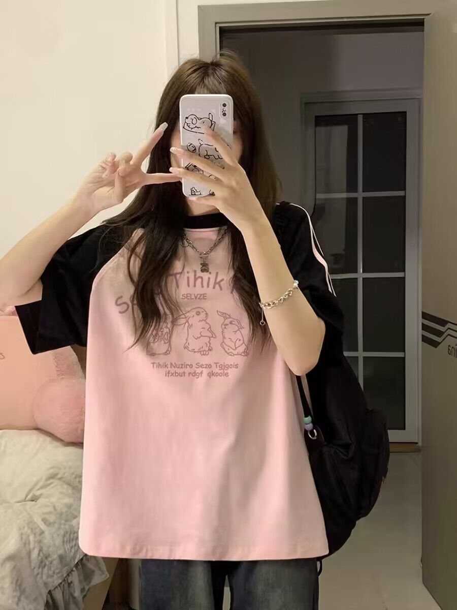 純棉200克21支精梳精密前 印花拼色三條槓落肩短袖t恤女