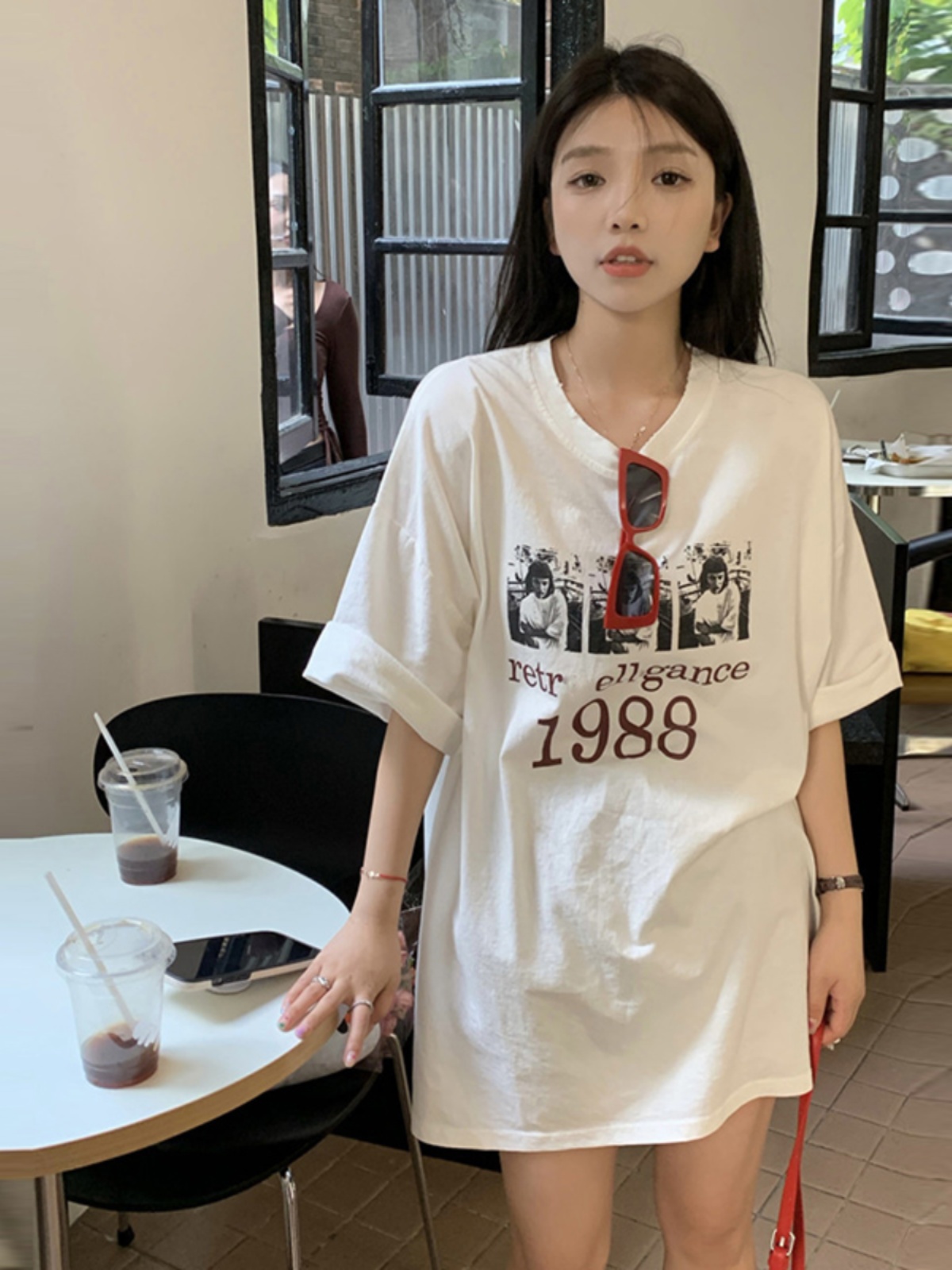 落肩寬鬆版型200克精梳純棉後包邊短袖T恤印花款