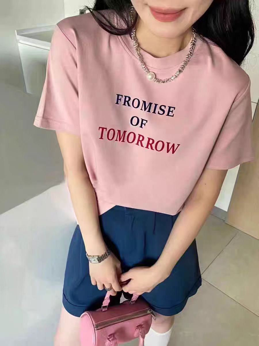200g combed compact offspun pure cotton back strip Spring and summer loose right shoulder printed short-sleeved T-shirt