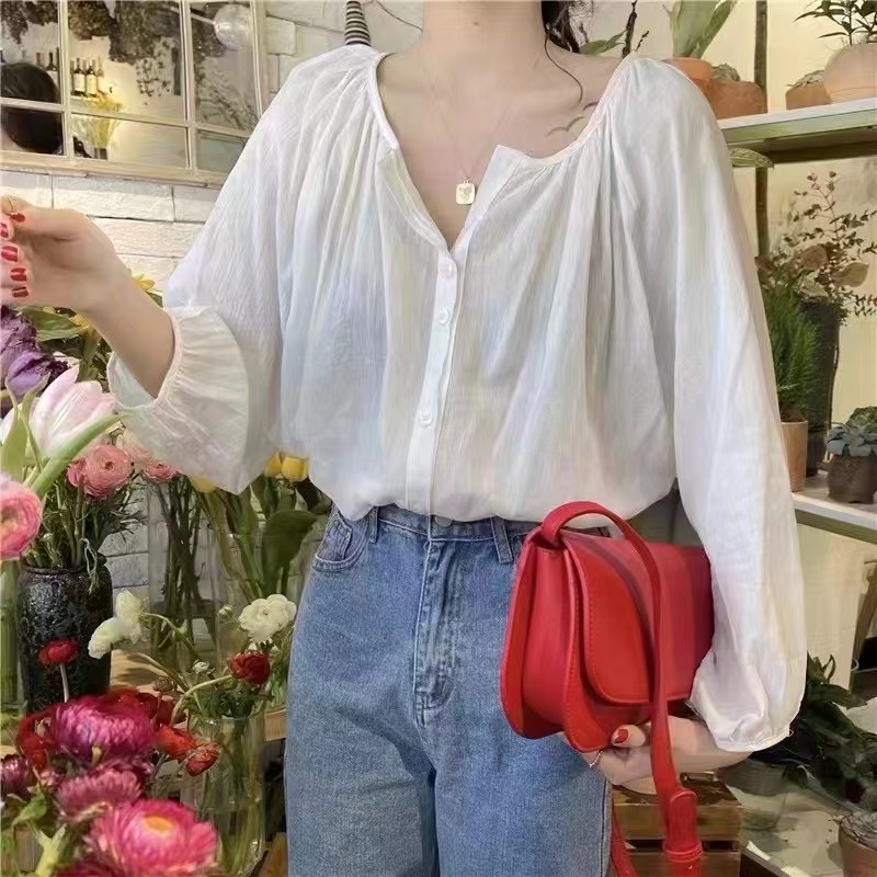 法式寬鬆泡泡袖襯衫女春夏2024新款慵懶風襯衣設計感小眾別致上衣