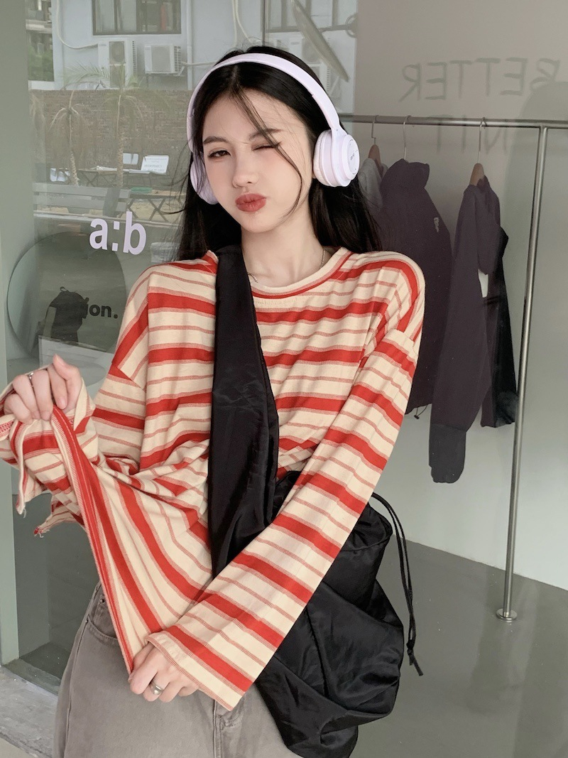 牛奶絲圓領條紋長袖t恤女設計感寬鬆開叉