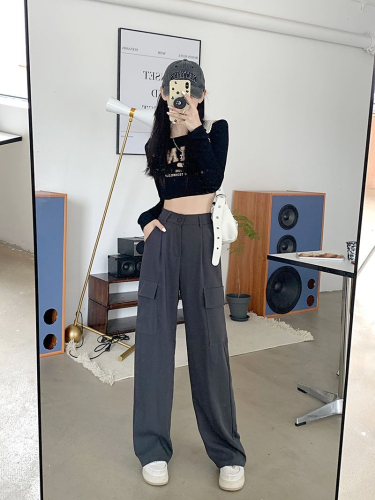 American retro all-match overalls for women in autumn high-waisted pocket casual pants slimming wide-leg suit pants