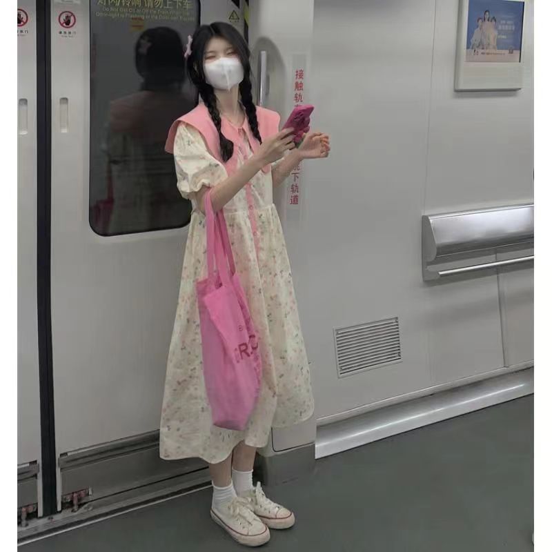 法式軟妹炸街裙夏季新款甜美仙女碎花裙翻領連衣裙女學生