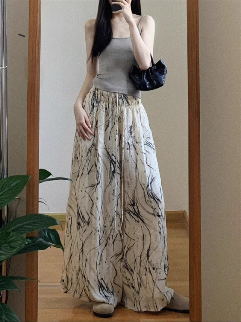 夏季薄高腰垂感水墨扎染闊腿褲女小個子新中式慵懶休閒涼涼冰絲褲