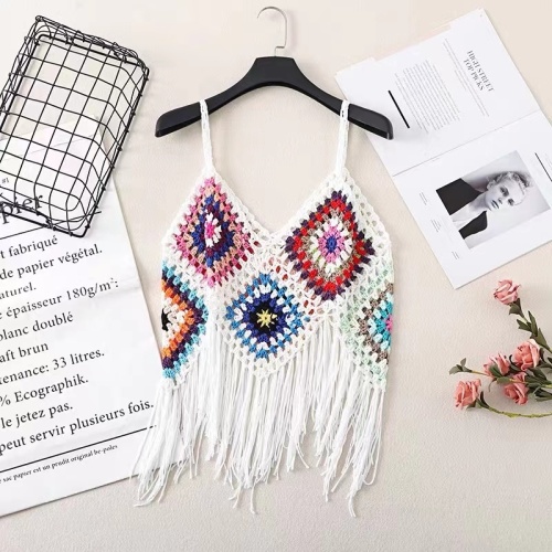 Ethnic style retro embroidered tassel knitted crochet women's fashionable suspender top