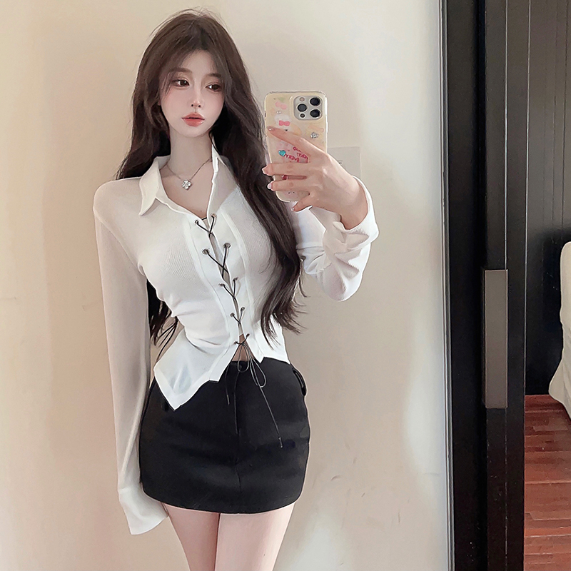 Real shot of Tmall quality short t-shirt for women in spring and autumn hot girl strappy slim shirt polo collar long-sleeved top