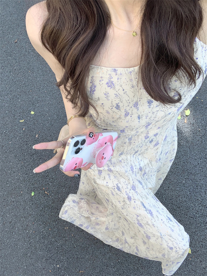 實拍#黃檸鳶尾花高級感吊帶裙連衣裙小眾設計感法式氣質長裙