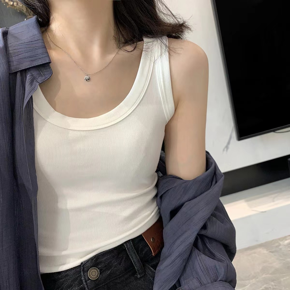 2024春夏新款削肩低領螺紋吊帶背心女網紅無袖外穿打底內搭潮