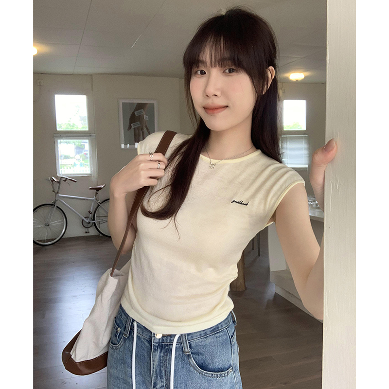 實拍圖針織刺繡字母T恤女2024夏新款褶皺收腰早春裝氣質背心