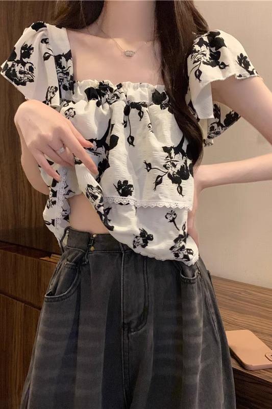 法式碎花雪紡方領短袖襯衫女夏季設計感小個子短款別致小飛袖上衣