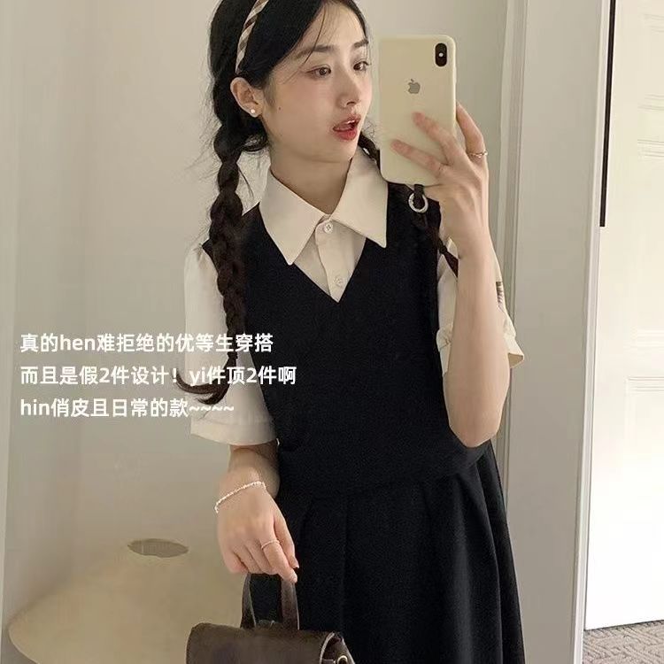 夏季新款女裝法式短袖襯衣領拼接設計假兩件中長款連衣裙