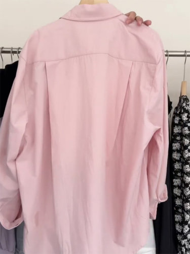 纯棉粉色衬衫女春秋季韩系设计感叠穿宽松百搭别致长袖衬衣