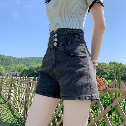 Black high-waisted denim shorts for women summer thin breasted belly-controlling A-line wide-leg pants 2024 new outer wear hot pants
