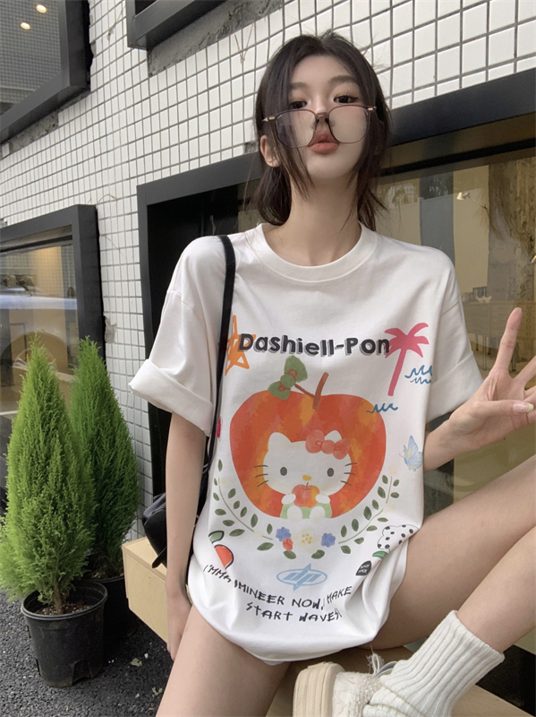 實拍里家自製大碼設計感可愛小貓白色T恤短袖上衣