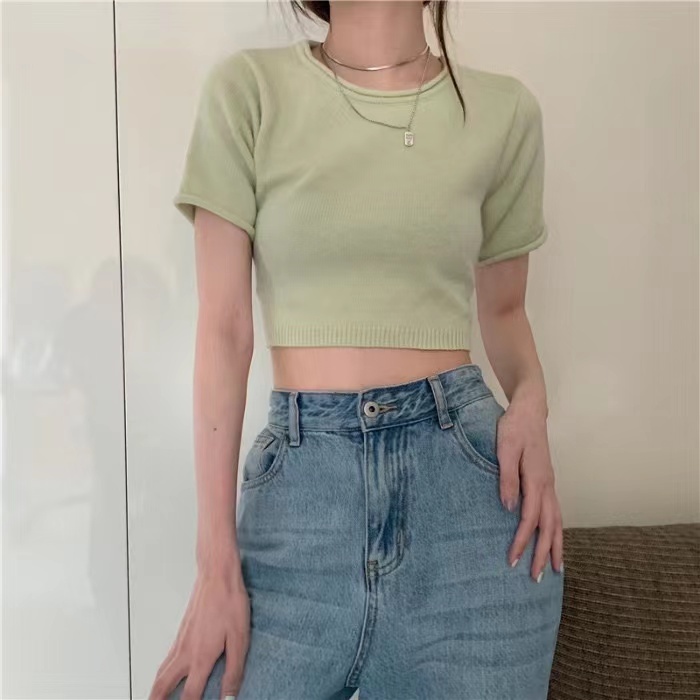 小清新修身短袖t恤女夏ins設計感小個子高腰短款綁帶甜辣別致上衣