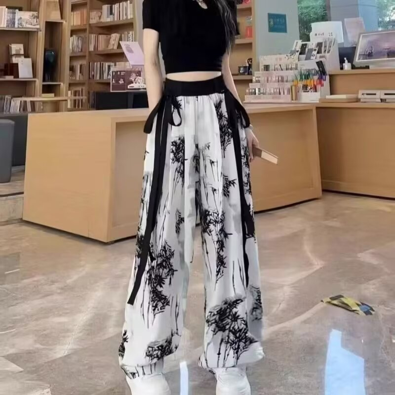 水墨竹子雪紡闊腿褲女高腰垂感顯瘦夏季薄款寬鬆直筒慵懶休閒褲子