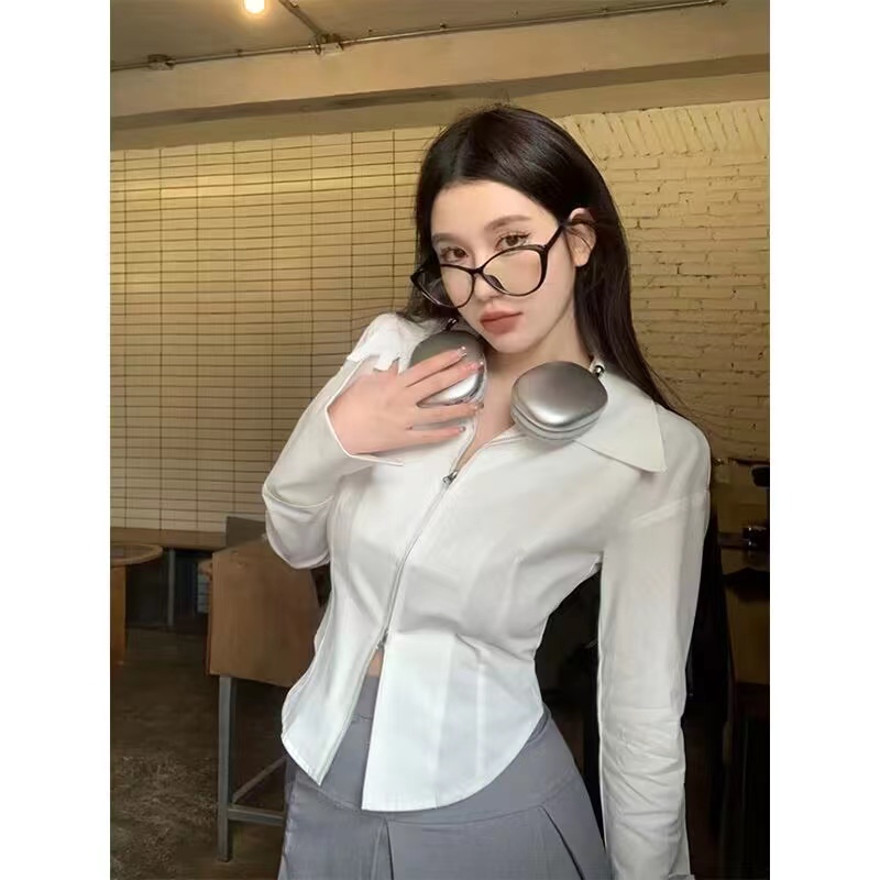 2024春裝女裝辣妹收腰襯衣內搭上衣設計感小眾拉鏈白色襯衫外套
