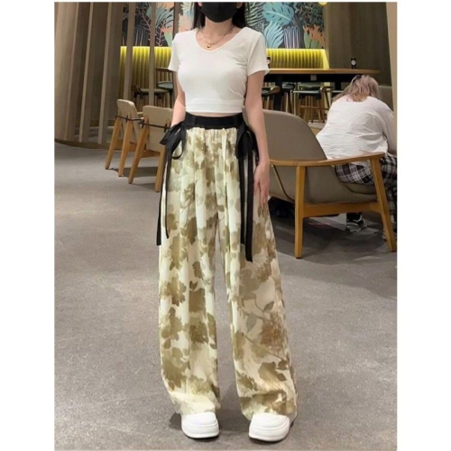 New national style series summer ice silk chiffon wide-leg pants for women, thin casual streamers, drapey straight-leg floor mopping pants