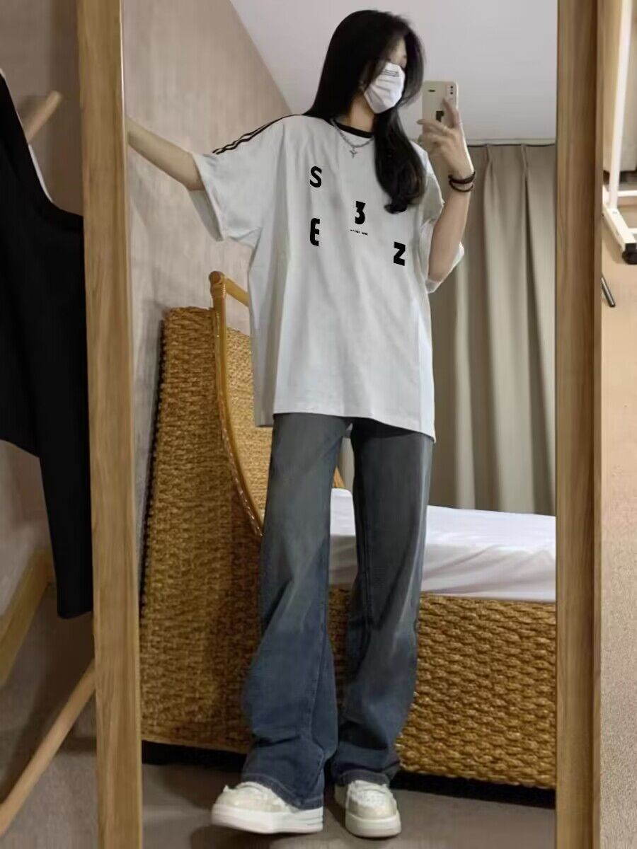 純棉200克21支精梳精密直播品質前 印花三條槓落肩短袖t恤女