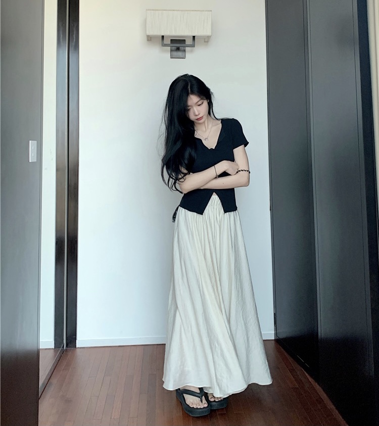 實拍~大碼純欲V領短袖T恤女修身顯瘦甜辣上衣+高腰闊腿褲裙