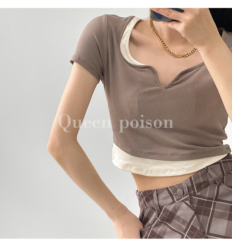 Official picture Designed fake two-piece short-sleeved slim T-shirts with contrasting color splicing short navel-baring V-neck top for women summer fashion